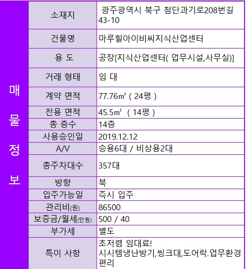 ✅ 마루힐아이비씨지식산업센 업무시설 임대 전용 14평